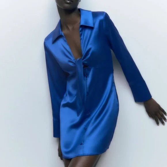 Zara Dresses & Skirts - Zara Blue Mini Dress Long Sleeve Notched Collar